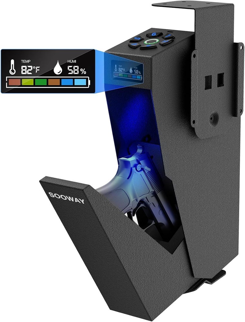 SOOWAY Gun Safe, Mounted Biometric Pistol Safe Drop Down Gun Lock Box for Handgun with 3 Ways Quick Access Bedside Pistol Case for Nightstand, Desk, Wall, Dresser - Image 1